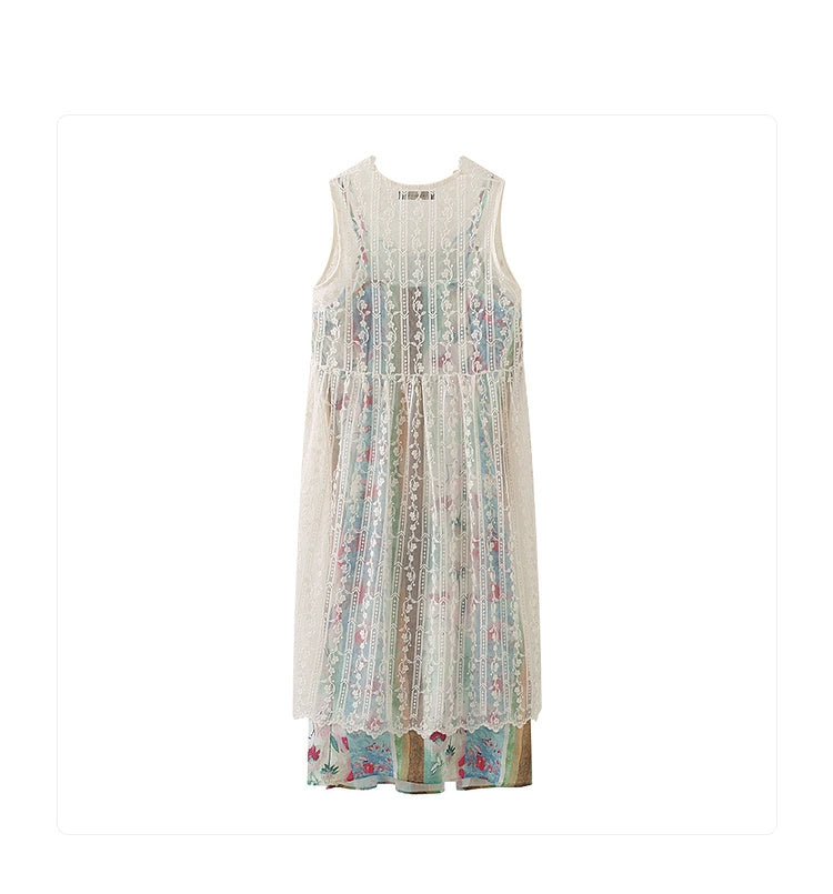 A stylish sleeveless dress featuring a retro color palette and intricate lace detailing, perfect for various occasions.