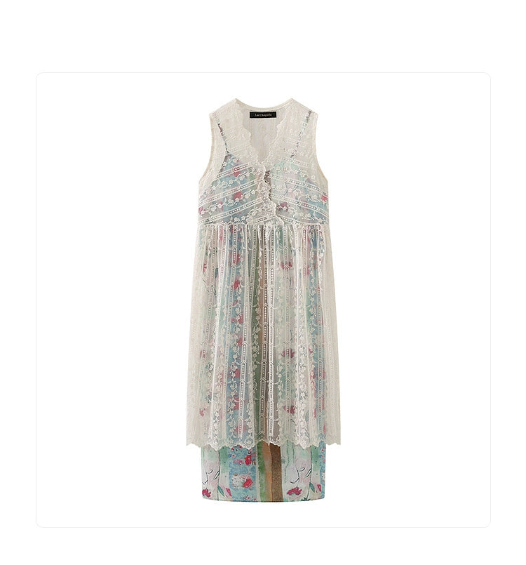 A stylish sleeveless dress featuring a retro color palette and intricate lace detailing, perfect for various occasions.