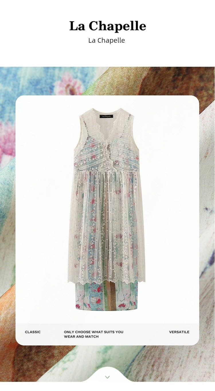 A stylish sleeveless dress featuring a retro color palette and intricate lace detailing, perfect for various occasions.