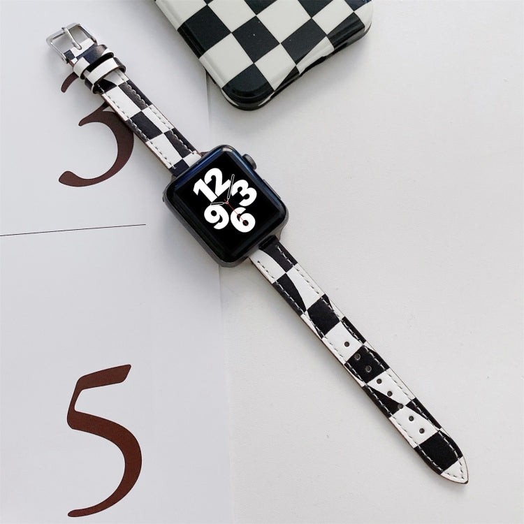 Slimming Checkerboard Leather Watch Band for Apple Watch Series 7, featuring a stylish checkerboard pattern and adjustable length.