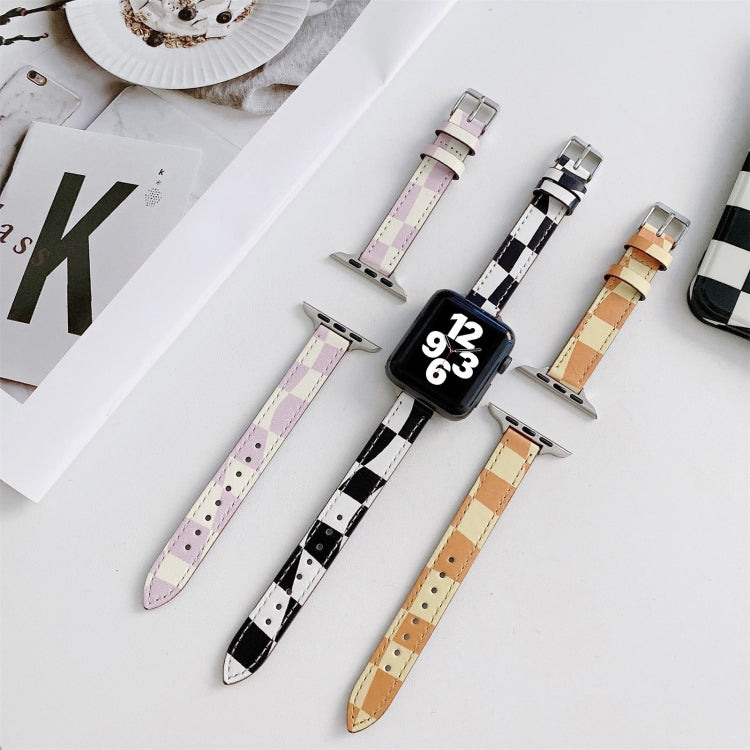 Slimming Checkerboard Leather Watch Band for Apple Watch Series 7, featuring a stylish checkerboard pattern and adjustable length.