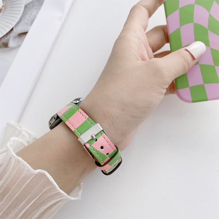 Slimming Checkerboard Leather Watch Band for Apple Watch Series 7, featuring a stylish checkerboard pattern and adjustable length.