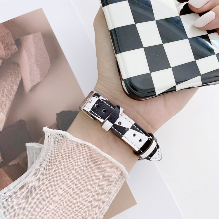 Slimming Checkerboard Leather Watch Band for Apple Watch Series 7, featuring a stylish checkerboard pattern and adjustable length.