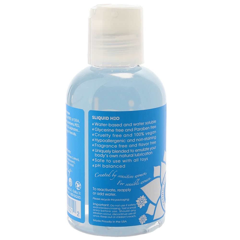 Sliquid Naturals H2O Water-Based Lubricant bottle with a clean design, showcasing its vegan-friendly and hypoallergenic features.