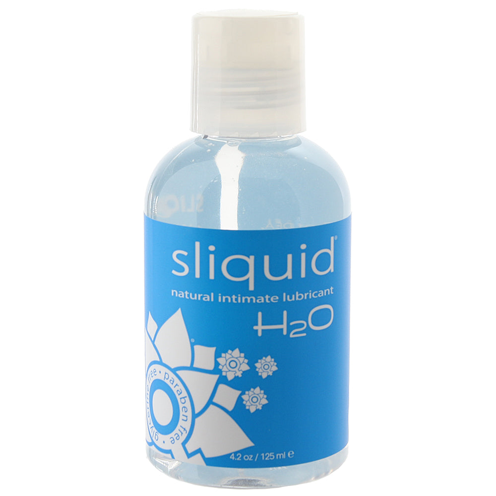 Sliquid Naturals H2O Water-Based Lubricant bottle with a clean design, showcasing its vegan-friendly and hypoallergenic features.