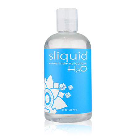 Sliquid Naturals H2O Water-Based Lubricant bottle with a clean design, showcasing its vegan-friendly and hypoallergenic features.