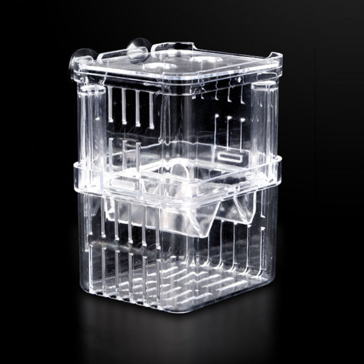 Small Peacock Fish Double Layer Transparent Breeding Isolation Box with suction cup mount, showcasing its crystal-clear design and double-layer structure.