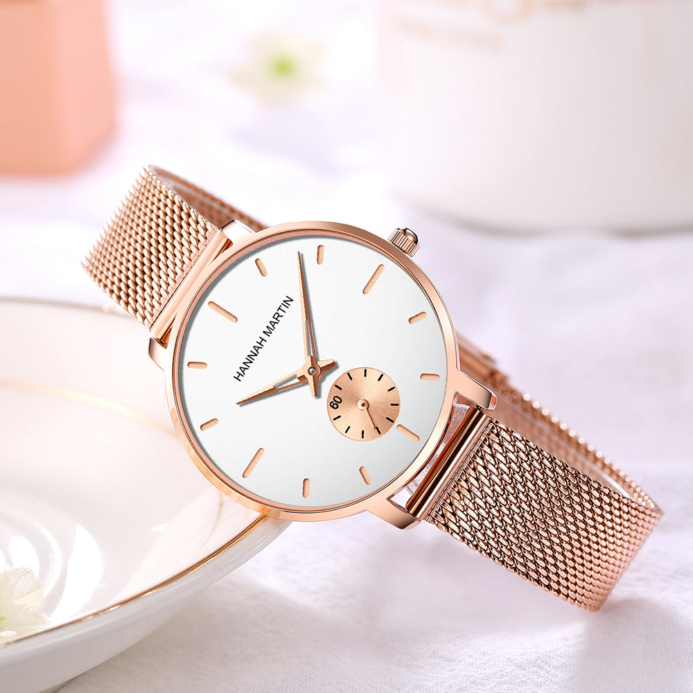 Small Second Hand Simple Fashion Ladies Watch featuring a round brass case, stainless steel mesh belt, and quartz movement.