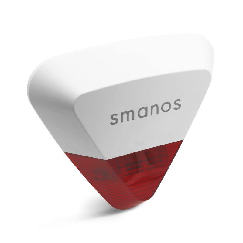 SMANOS Outdoor Siren mounted on a wall, showcasing its weatherproof design and sleek appearance.