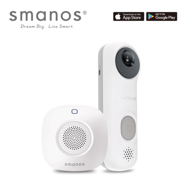 SMANOS Smart Video Bell Chime mounted on a wall, showcasing its sleek design and camera lens.