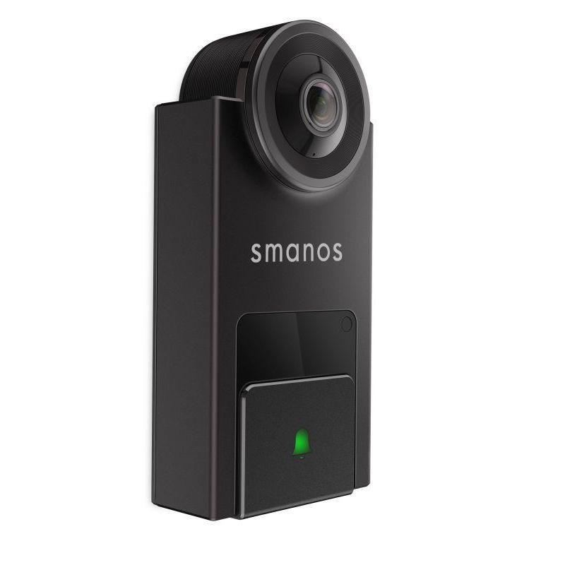 SMANOS Smart Video Door Bell with HD camera and sleek design, mounted on a wall.