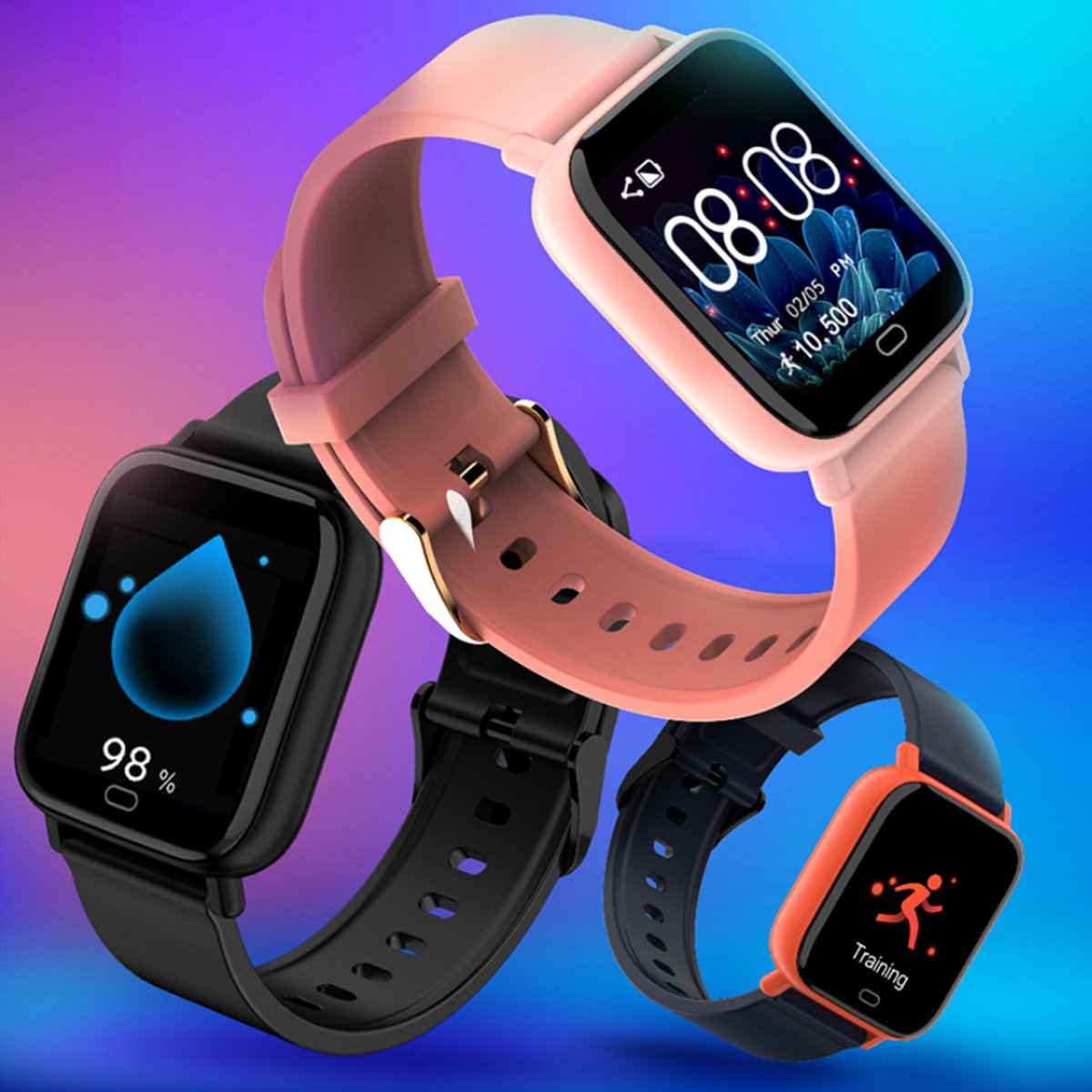 Smart Fit Multi Function Smart Watch Tracker with a bright QOled screen, showcasing health monitoring features and a sporty design.