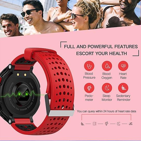 Smart Fit Sporty Waterproof Watch with heart rate and blood pressure monitoring features, showcasing a sleek design and bright OLED screen.