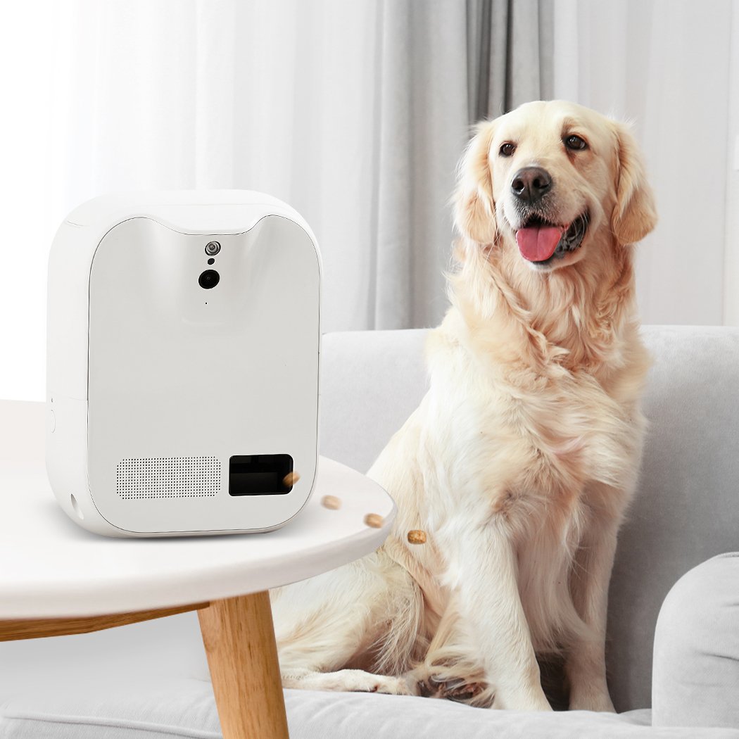 Smart Pet Feeder Camera with automatic food dispenser, featuring a 1080P HD camera and sleek design, suitable for dogs and cats.