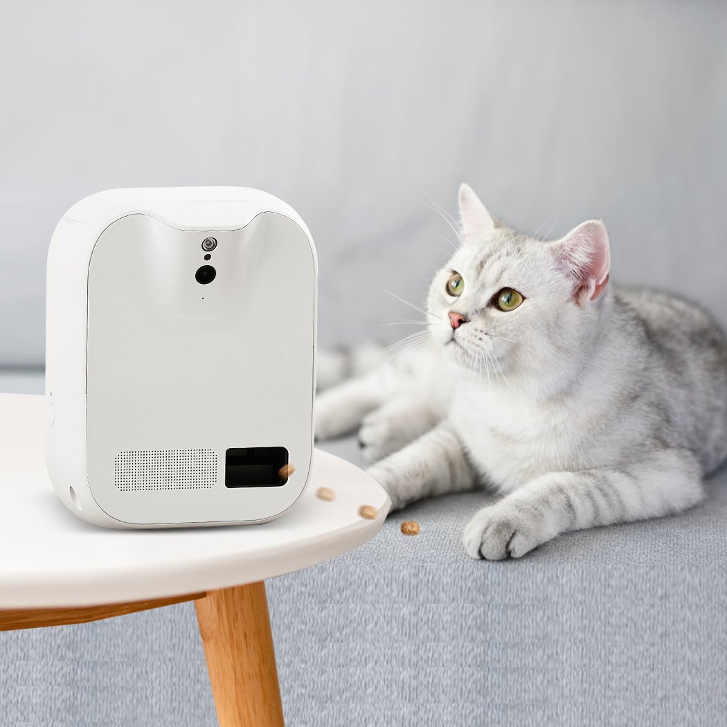 Smart Pet Feeder Camera with automatic food dispenser, featuring a 1080P HD camera and sleek design, suitable for dogs and cats.