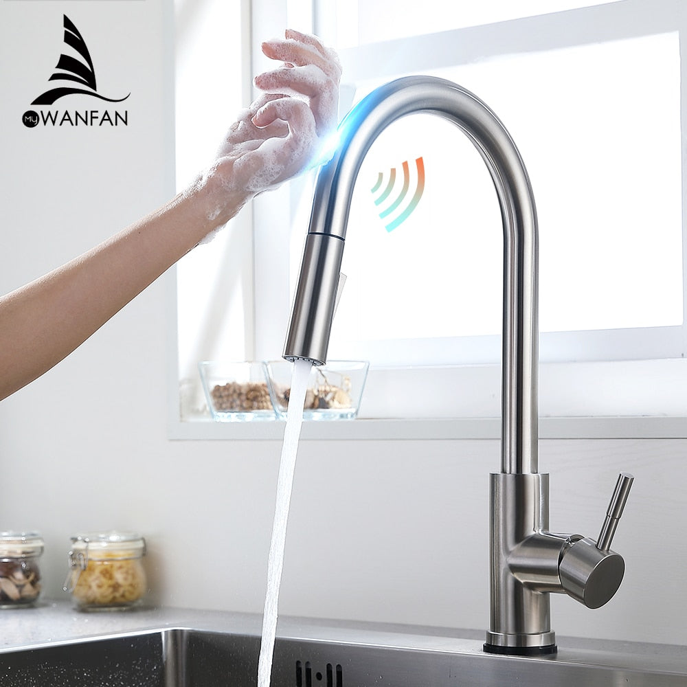 Smart Touch Kitchen Faucet with sensor technology, stainless steel finish, and pull-out spray feature, ideal for modern kitchens.