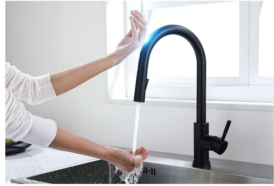 Smart Touch Kitchen Faucet with sensor technology, stainless steel finish, and pull-out spray feature, ideal for modern kitchens.