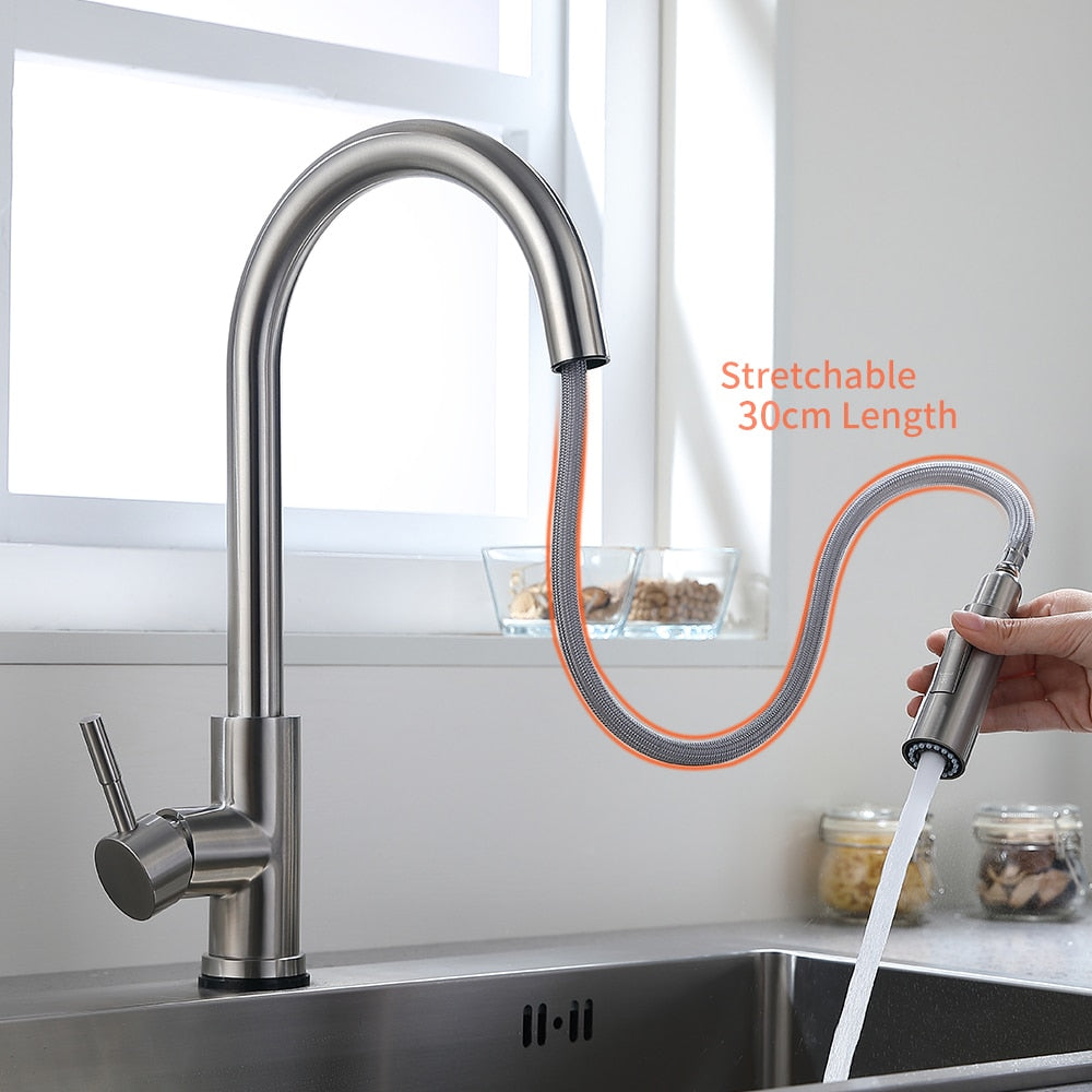 Smart Touch Kitchen Faucet with sensor technology, stainless steel finish, and pull-out spray feature, ideal for modern kitchens.