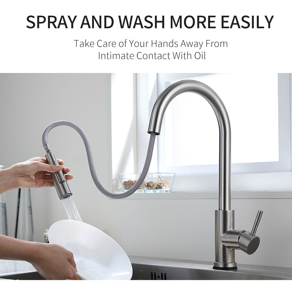 Smart Touch Kitchen Faucet with sensor technology, stainless steel finish, and pull-out spray feature, ideal for modern kitchens.