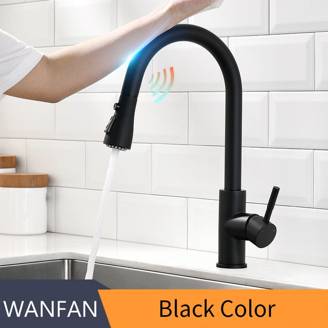 Smart Touch Kitchen Faucet with sensor technology, stainless steel finish, and pull-out spray feature, ideal for modern kitchens.