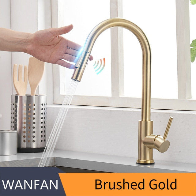 Smart Touch Kitchen Faucet with sensor technology, stainless steel finish, and pull-out spray feature, ideal for modern kitchens.