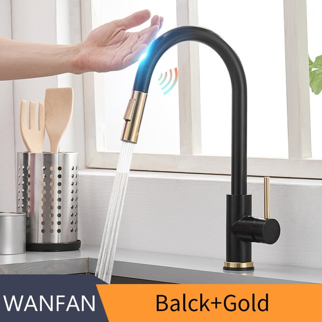 Smart Touch Kitchen Faucet with sensor technology, stainless steel finish, and pull-out spray feature, ideal for modern kitchens.