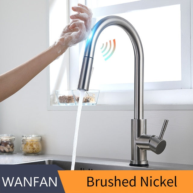 Smart Touch Kitchen Faucet with sensor technology, stainless steel finish, and pull-out spray feature, ideal for modern kitchens.