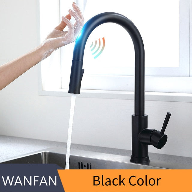 Smart Touch Kitchen Faucet with sensor technology, stainless steel finish, and pull-out spray feature, ideal for modern kitchens.