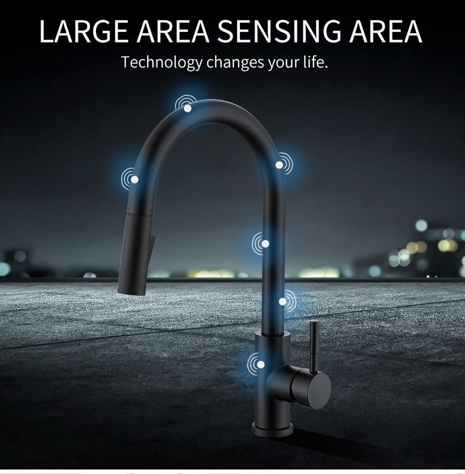 Smart Touch Kitchen Faucet with sensor technology, stainless steel finish, and pull-out spray feature, ideal for modern kitchens.