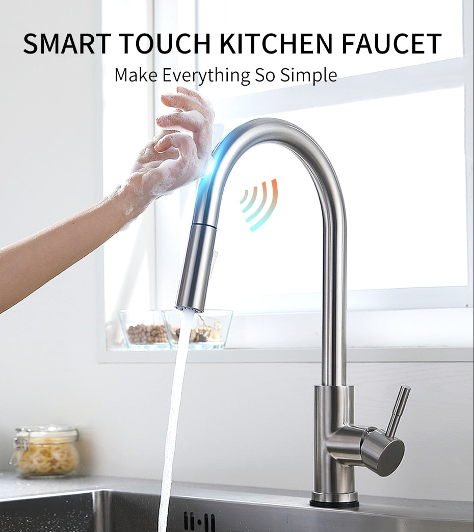 Smart Touch Kitchen Faucet with sensor technology, stainless steel finish, and pull-out spray feature, ideal for modern kitchens.