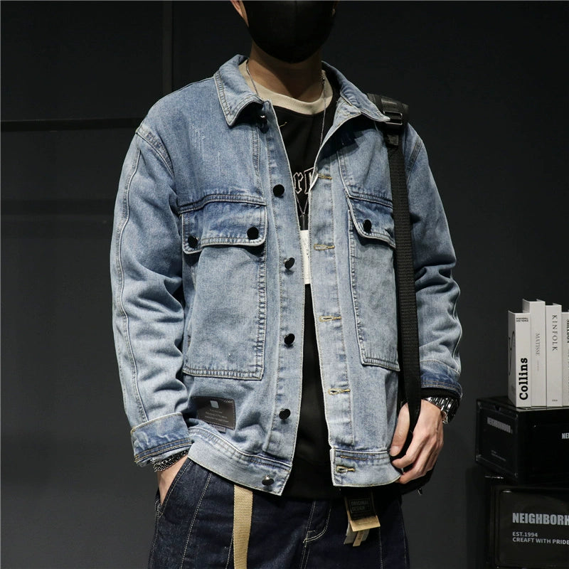 Smoky gray denim jacket designed for spring and autumn, featuring a stylish cut and versatile design suitable for various outfits.