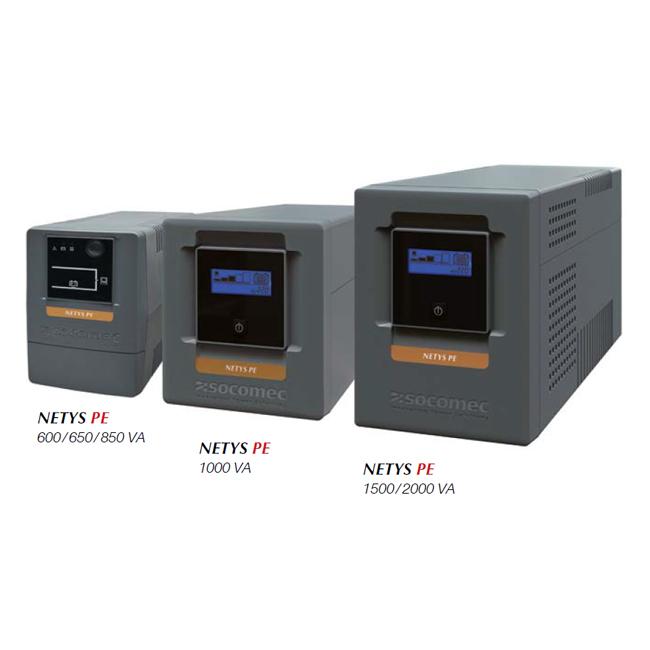 Socomec NeTYS PE 650VA Tower UPS with graphical LCD control panel and multiple output sockets.