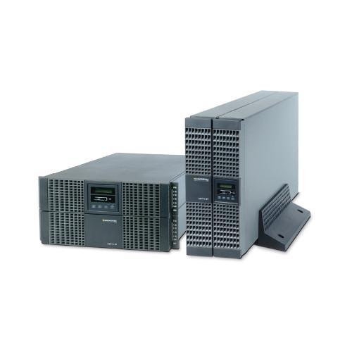 Socomec NRT2-5000CK NeTYS RT 5000VA UPS in a sleek design, showcasing its LCD interface and robust build for power protection.