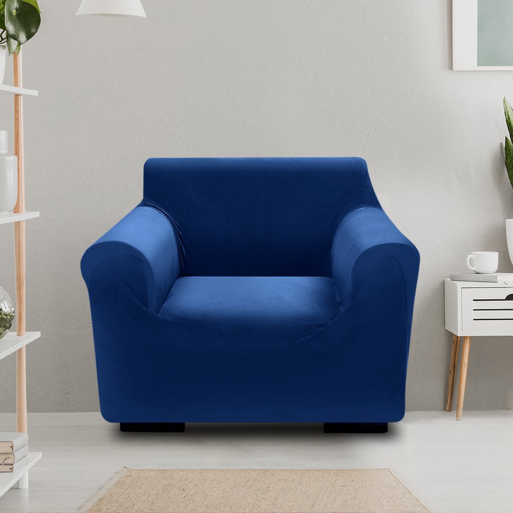 High stretch super soft plush sofa cover in navy color, designed to protect furniture from spills and stains while providing comfort.