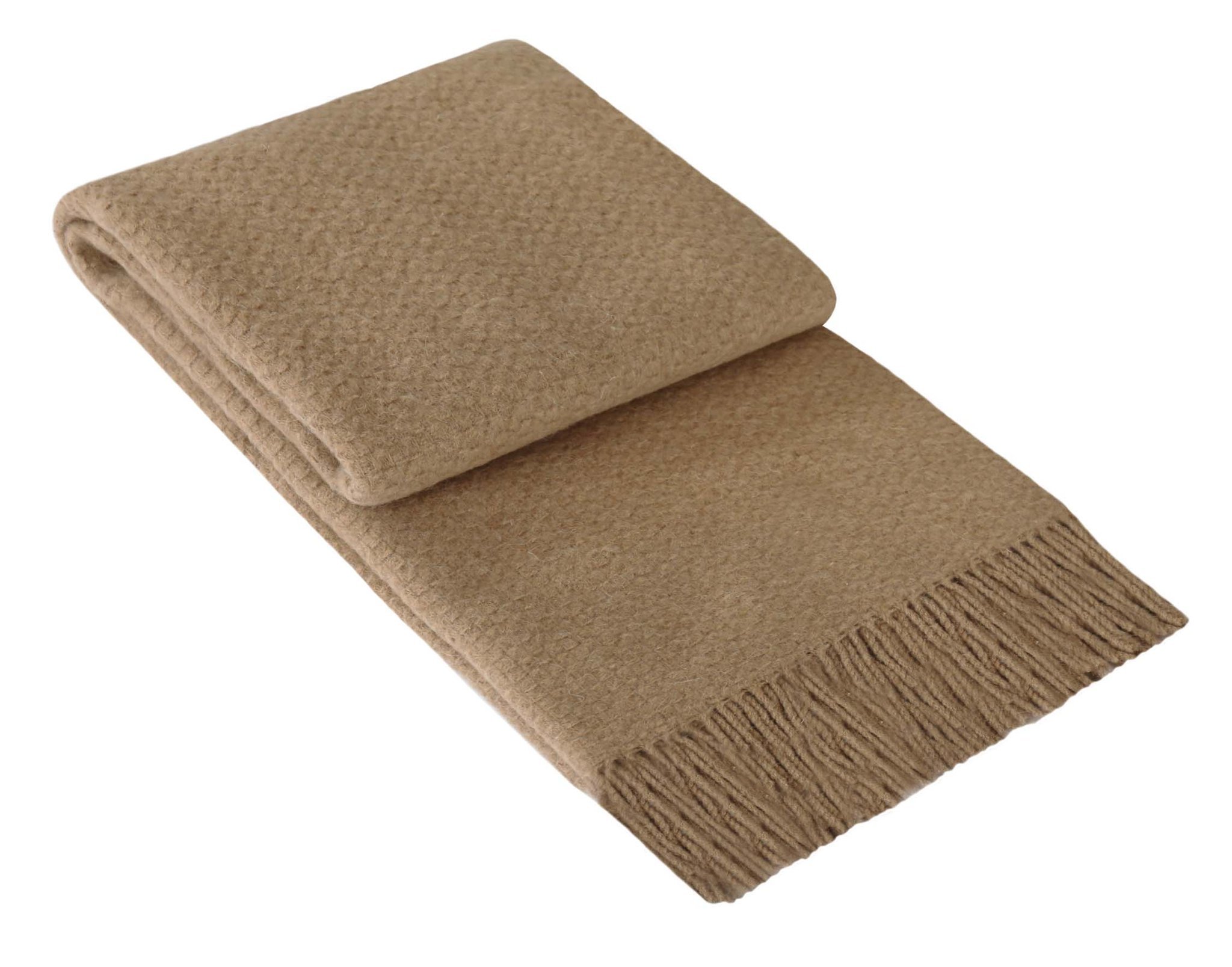 Soho Throw blanket in tan, showcasing a luxurious wool blend texture, perfect for cozying up in any living space.