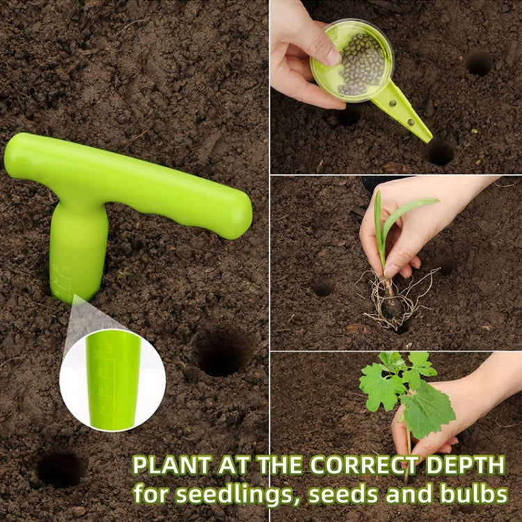 Adjustable Soil Hole Punch and Seed Sower Planter with plant labels, showcasing its portable design and adjustable seed outlet.