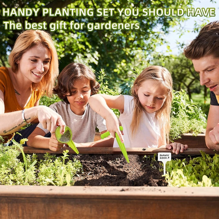 Adjustable Soil Hole Punch and Seed Sower Planter with plant labels, showcasing its portable design and adjustable seed outlet.