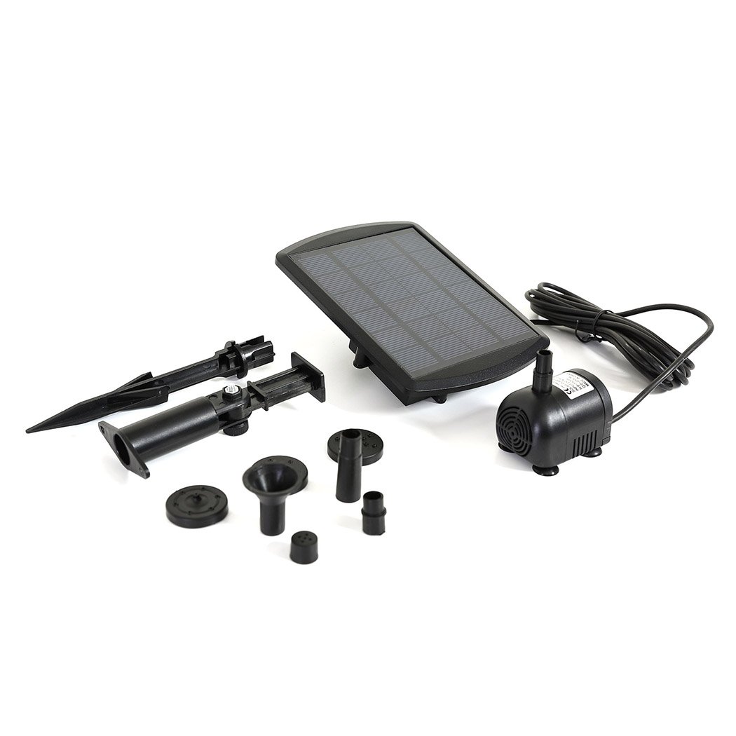 Solar Fountain Water Pump Kit with solar panel, nozzles, and pump components for outdoor garden use.