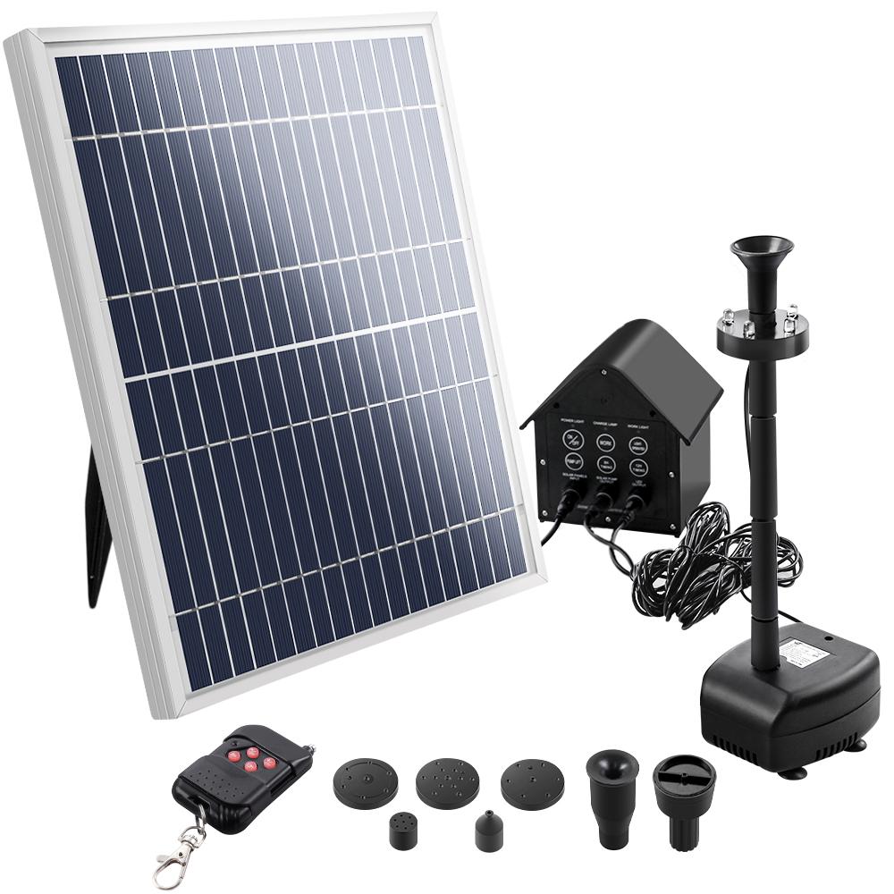 Solar Pond Pump with Battery Powered Submersible Kit featuring LED lights, showcasing a beautiful water fountain in a garden setting.