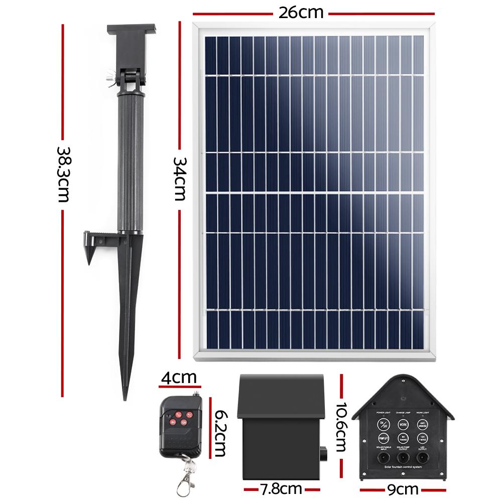 Solar Pond Pump with Battery Powered Submersible Kit featuring LED lights, showcasing a beautiful water fountain in a garden setting.