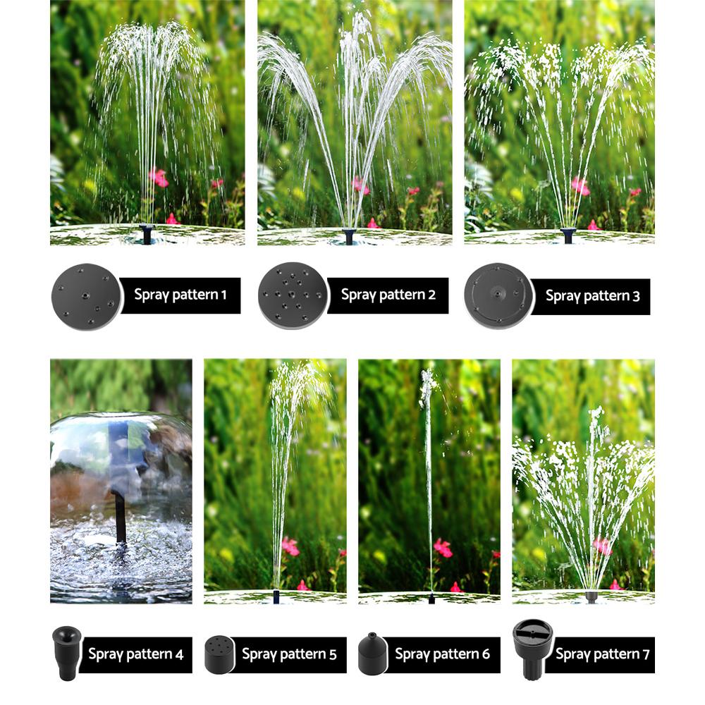 Solar Pond Pump with Battery Powered Submersible Kit featuring LED lights, showcasing a beautiful water fountain in a garden setting.