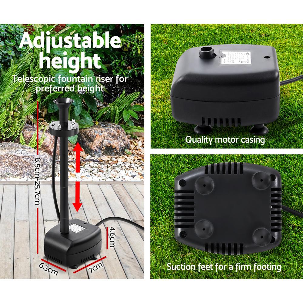 Solar Pond Pump with Battery Powered Submersible Kit featuring LED lights, showcasing a beautiful water fountain in a garden setting.