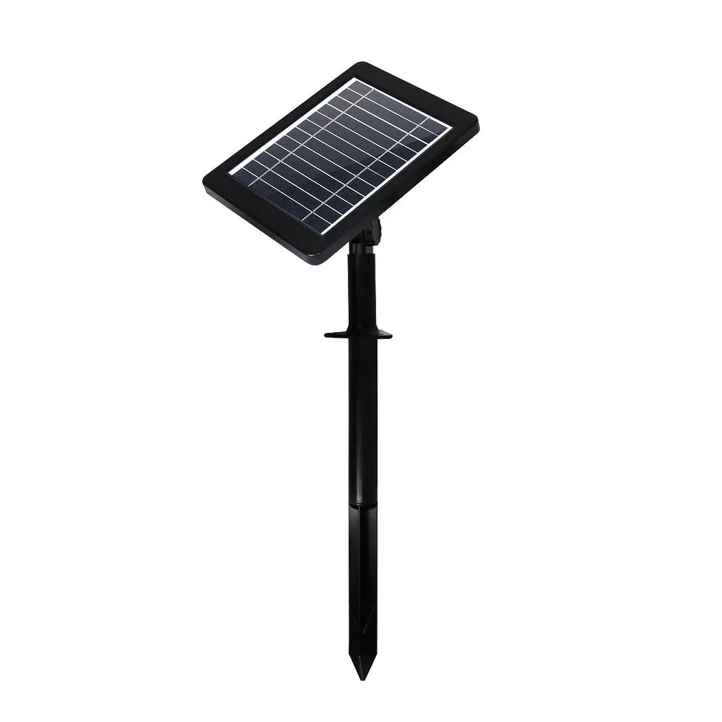 Solar powered water fountain pump with adjustable solar panel and multiple nozzles, set in a serene garden environment.