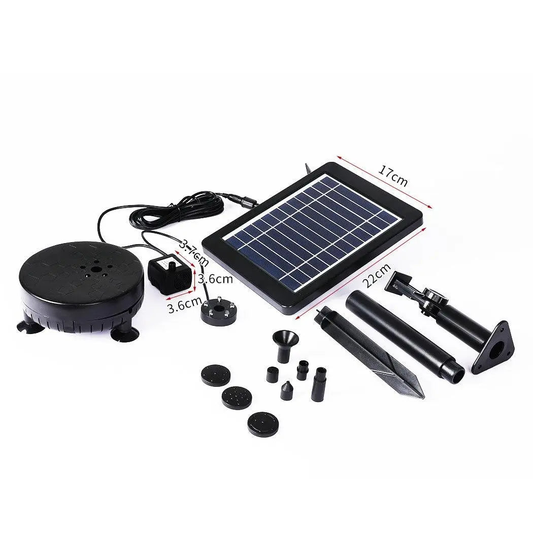 Solar powered water fountain pump with adjustable solar panel and multiple nozzles, set in a serene garden environment.