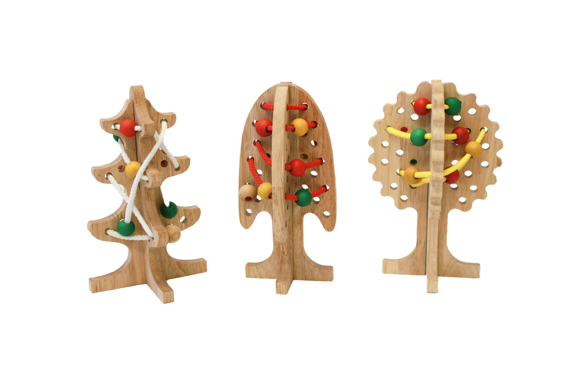 A colorful set of three chunky Solid Lacing Trees designed for threading and lacing activities, promoting fine motor skills in children.