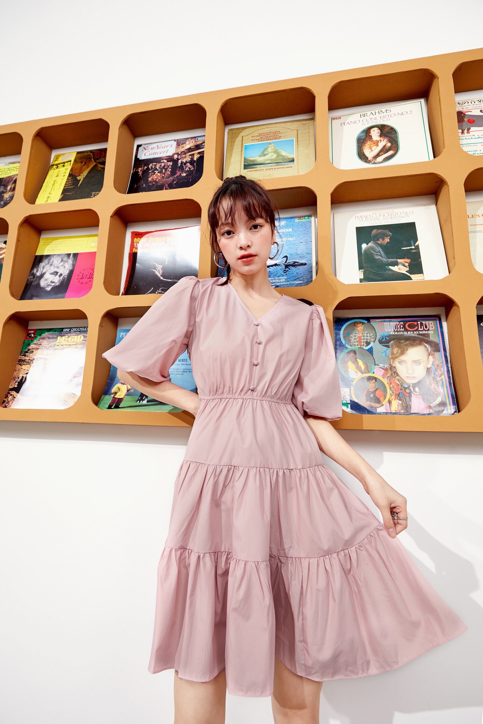 A stylish Solid Pure Casual Midi Ruffle Dress for women featuring vintage lantern sleeves, knee-length cut, and available in pink and white colors.