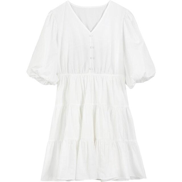 A stylish Solid Pure Casual Midi Ruffle Dress for women featuring vintage lantern sleeves, knee-length cut, and available in pink and white colors.