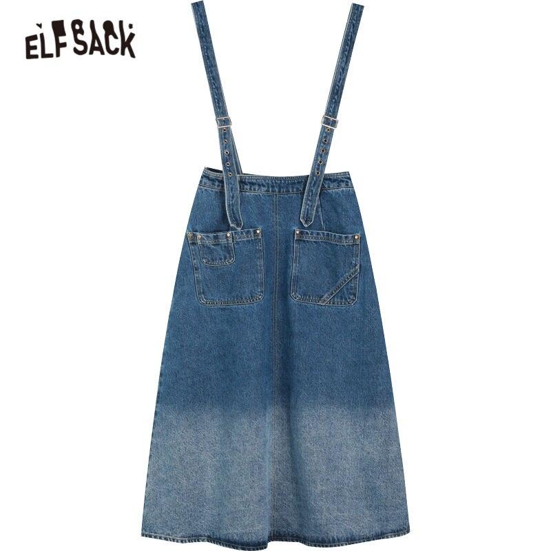 Solid Pure Gradient High Waist Casual Women Overall Skirt in blue denim, showcasing A-line silhouette and mid-calf length, perfect for spring fashion.