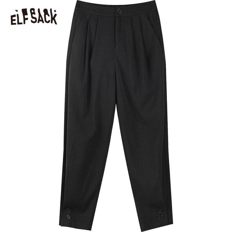 A pair of solid black high waist straight casual pants for women, featuring pockets and made from polyester, perfect for spring and autumn wear.