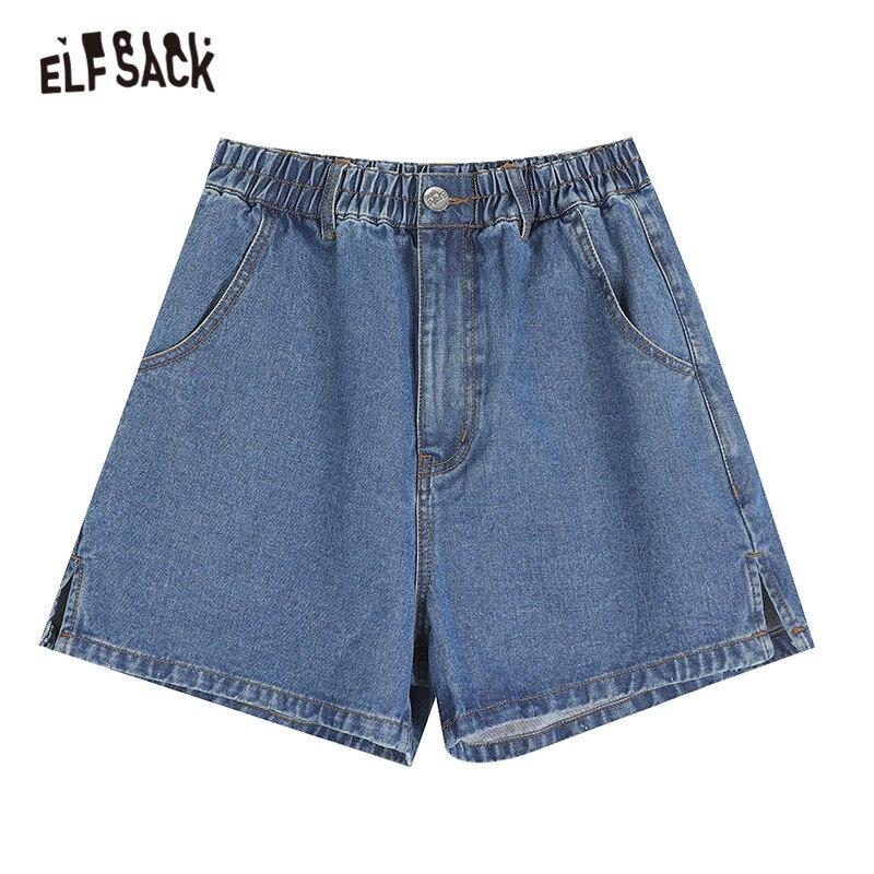 A pair of Solid Pure Split Hem Women Casual Denim Shorts in a minimalist style, featuring a high waist and pockets, perfect for summer wear.